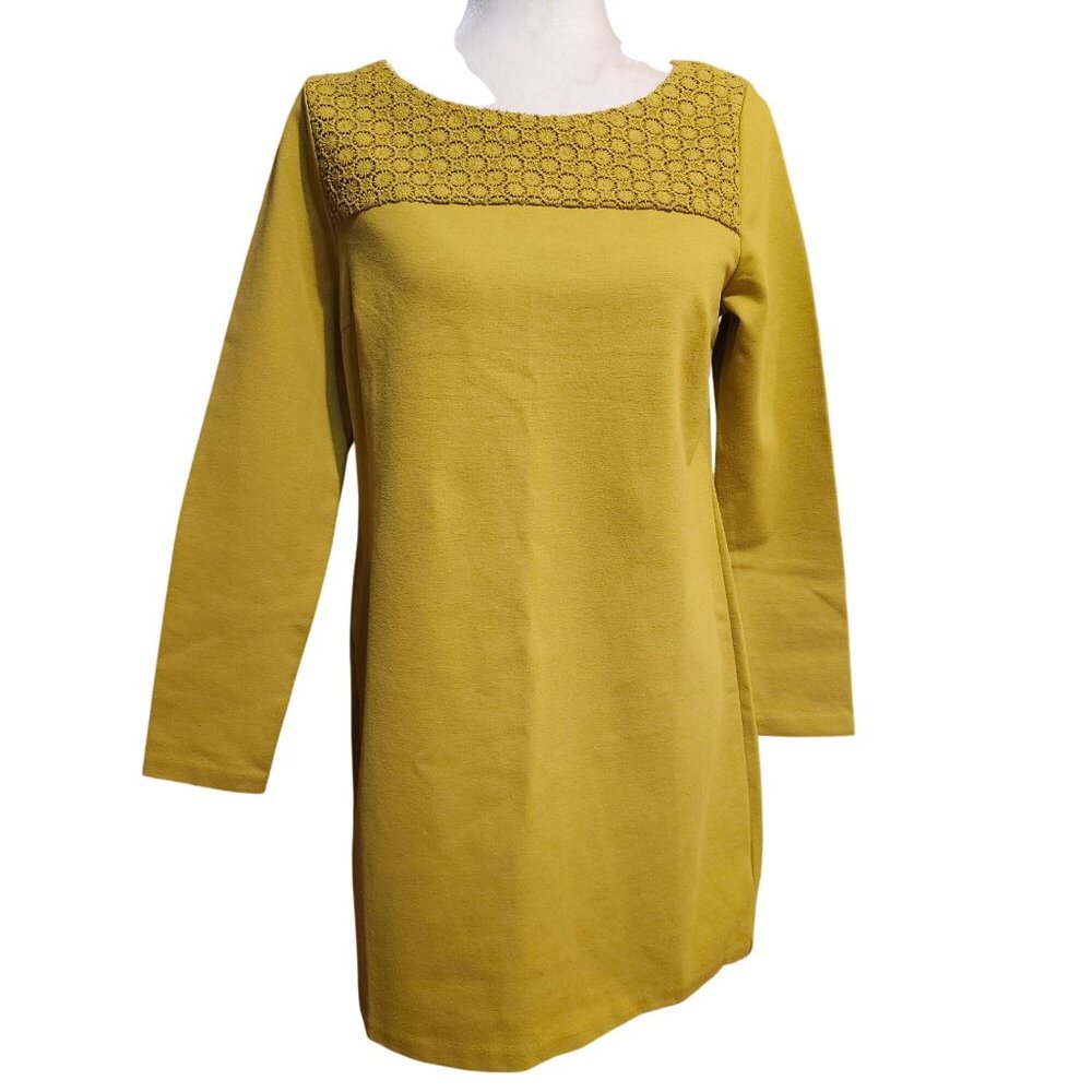 Boden Women's Size 8 Mustard Yellow Long-Sleeve Crochet Shift Dress Yoke Detail